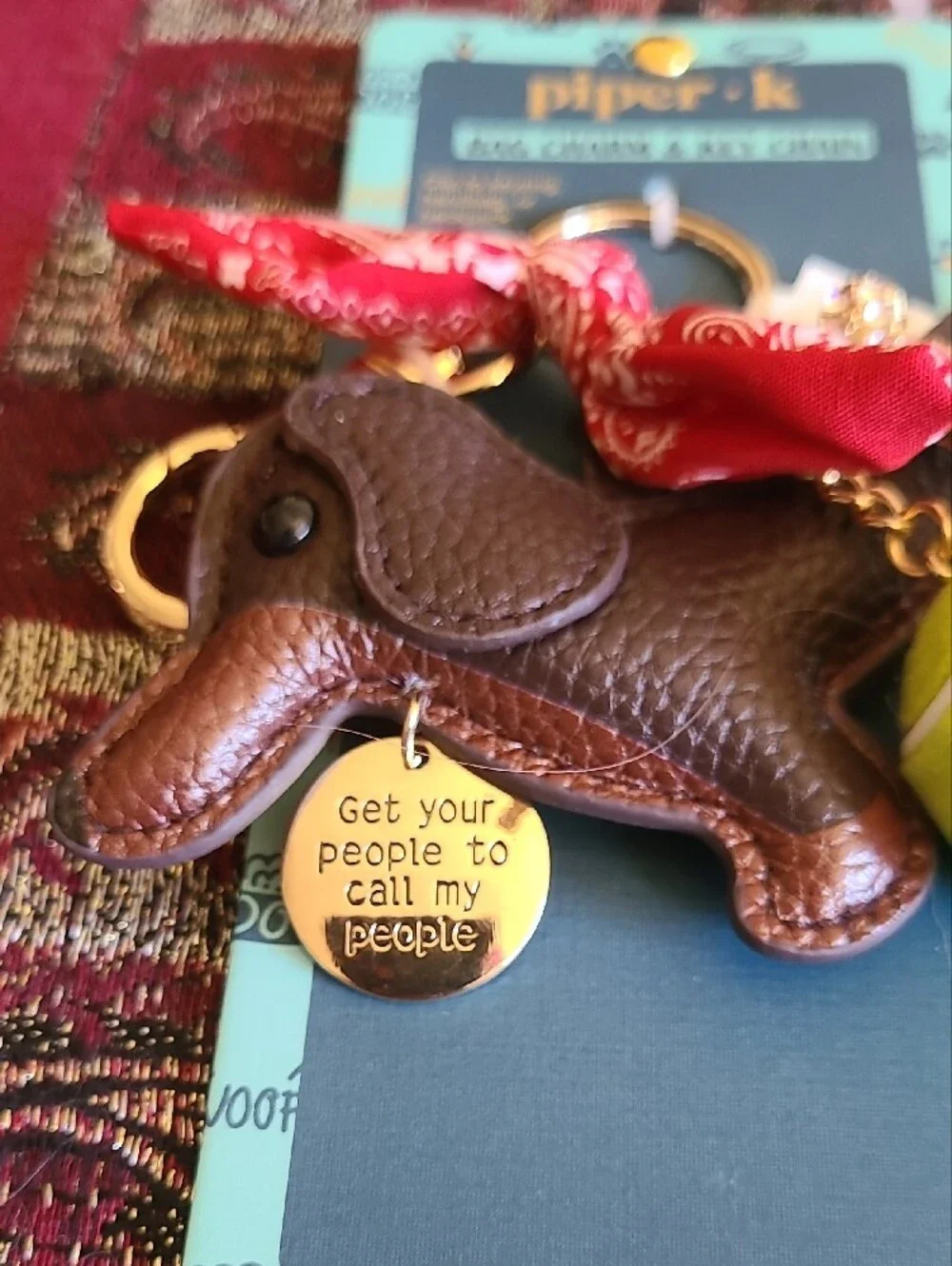 Piper·K Brown Dachshund Bag Charm with Red Bandana and Yellow Tennis Ball